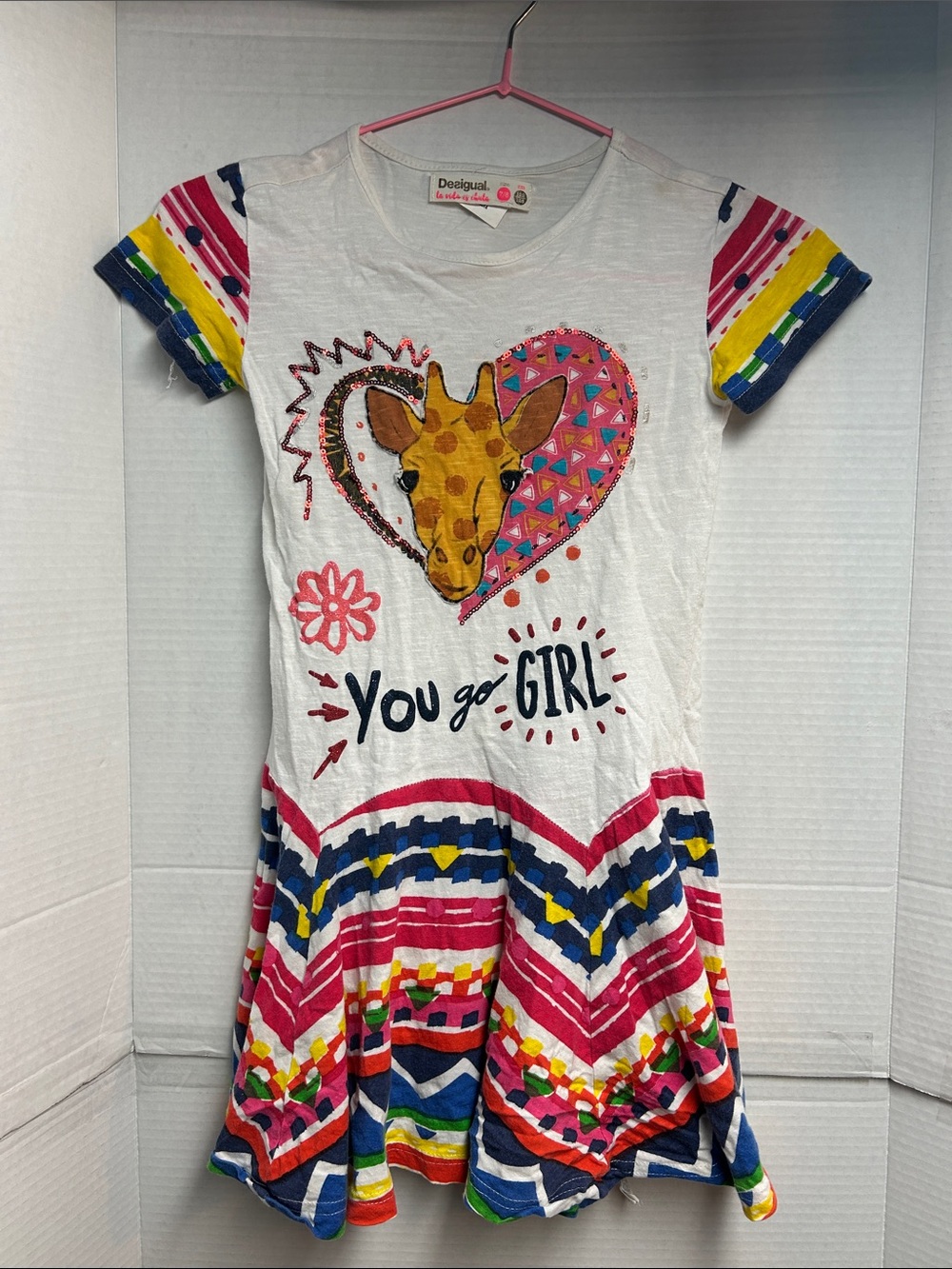 Desigual White Dress with Colorful Giraffe Heart and  Size 7-8